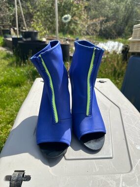 Aldo Royal Blue Peep-Toe Ankle Booties with Neon Yellow Zip